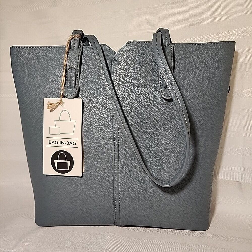 Antik Kraft Vegan Leather Bag-in-Bag Tote Shoulder Handbag Pebbled Blue NEW